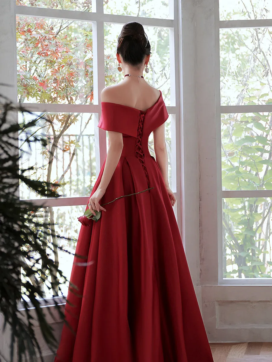 Red Satin Off Shoulder A-line Floor Length Prom Dress, Red Evening Dress