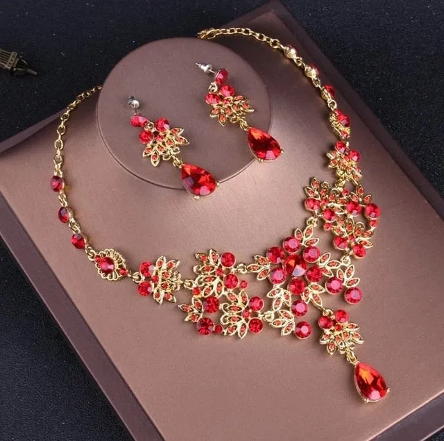 Rhinestone Baroque Vintage Gold Red Crystal Bridal Jewelry Set