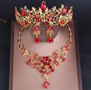 Rhinestone Baroque Vintage Gold Red Crystal Bridal Jewelry Set