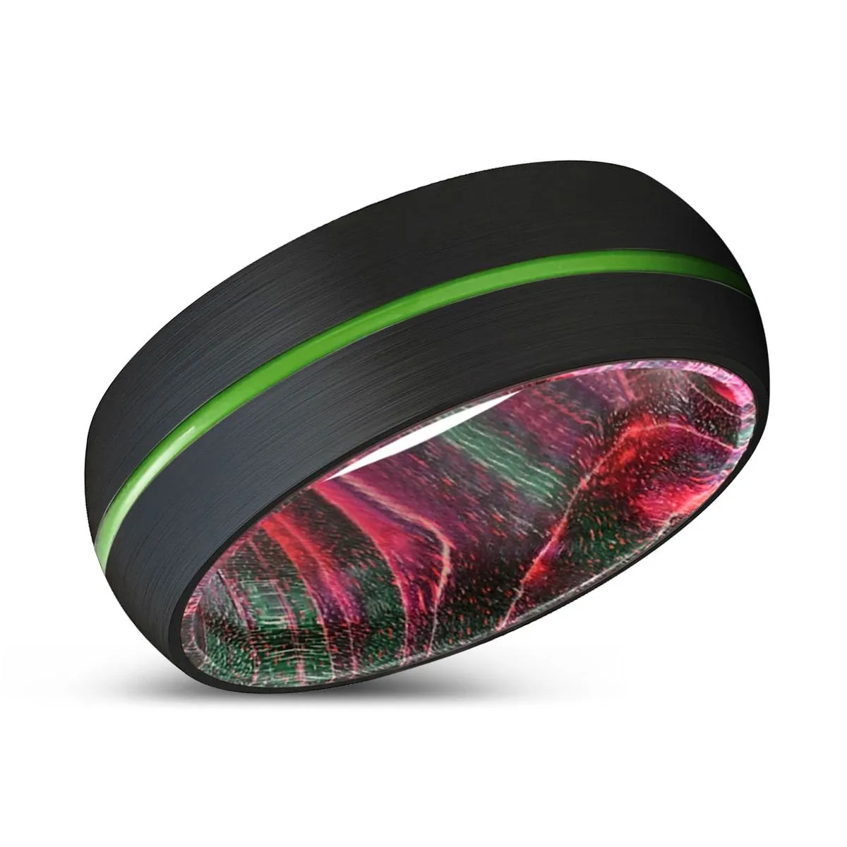ROMULUS | Green & Red Wood, Black Tungsten Ring, Green Groove, Domed