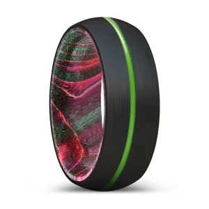ROMULUS | Green & Red Wood, Black Tungsten Ring, Green Groove, Domed