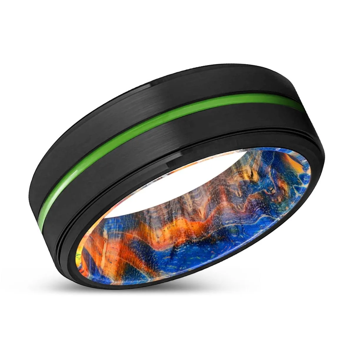 ROSEVILLE | Blue & Yellow/Orange Wood, Black Tungsten Ring, Green Groove, Stepped Edge