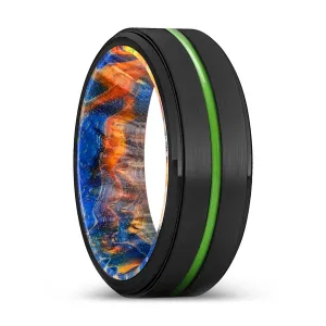 ROSEVILLE | Blue & Yellow/Orange Wood, Black Tungsten Ring, Green Groove, Stepped Edge