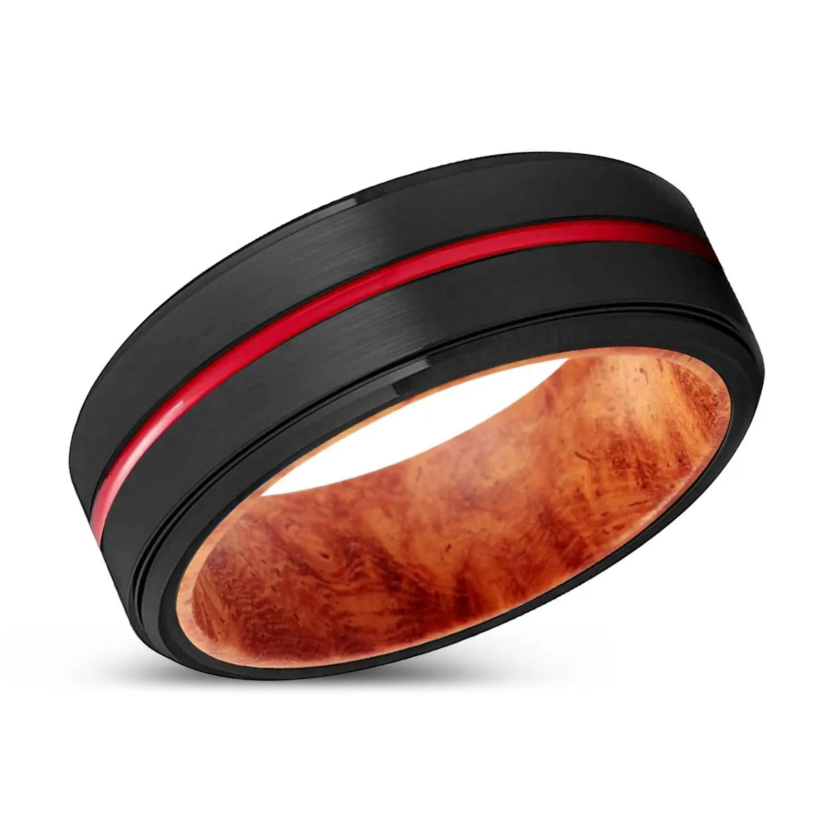 SAGE | Red Burl Wood, Black Tungsten Ring, Red Groove, Stepped Edge
