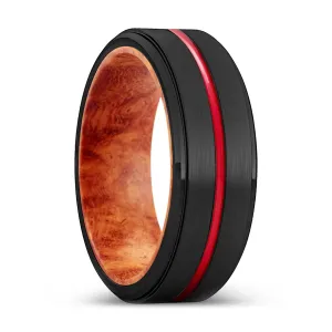 SAGE | Red Burl Wood, Black Tungsten Ring, Red Groove, Stepped Edge