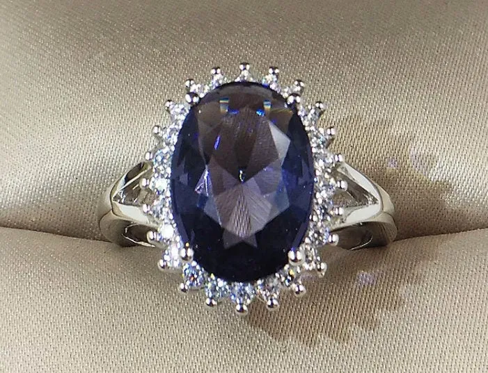 Sapphire Blue Diamond Ring | Blue Diamond Engagement Ring | Sapphire Blue Ring | Purple Wedding Ring | Blue Wedding Ring | Halo Ring