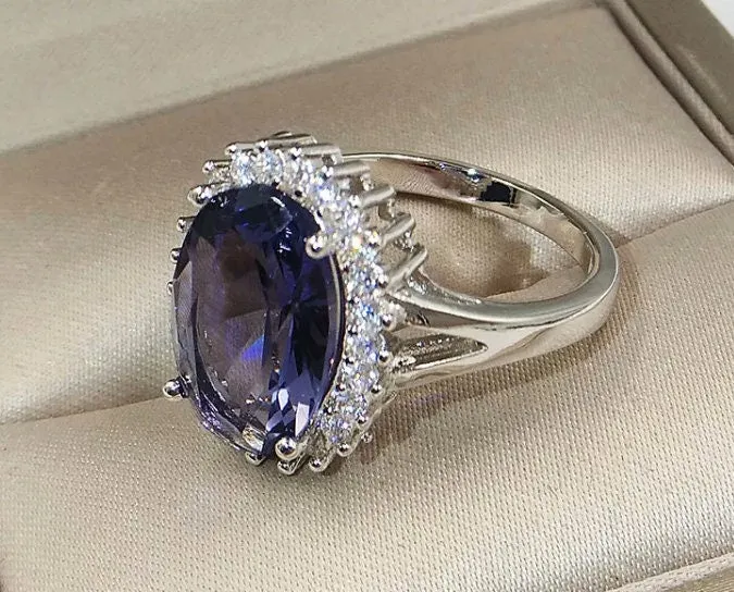 Sapphire Blue Diamond Ring | Blue Diamond Engagement Ring | Sapphire Blue Ring | Purple Wedding Ring | Blue Wedding Ring | Halo Ring