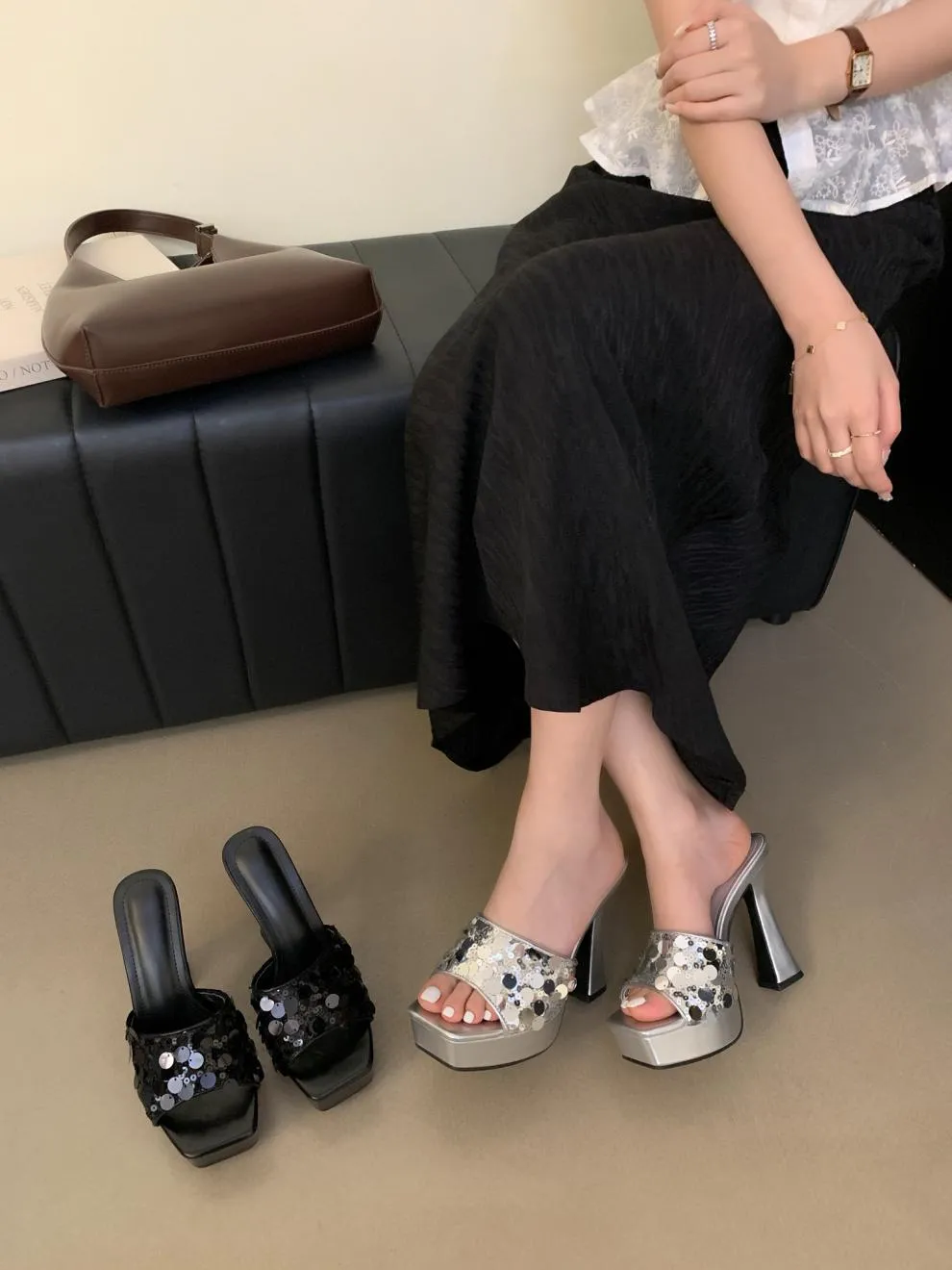 Sequin Versatile Chunky Heel Shoes