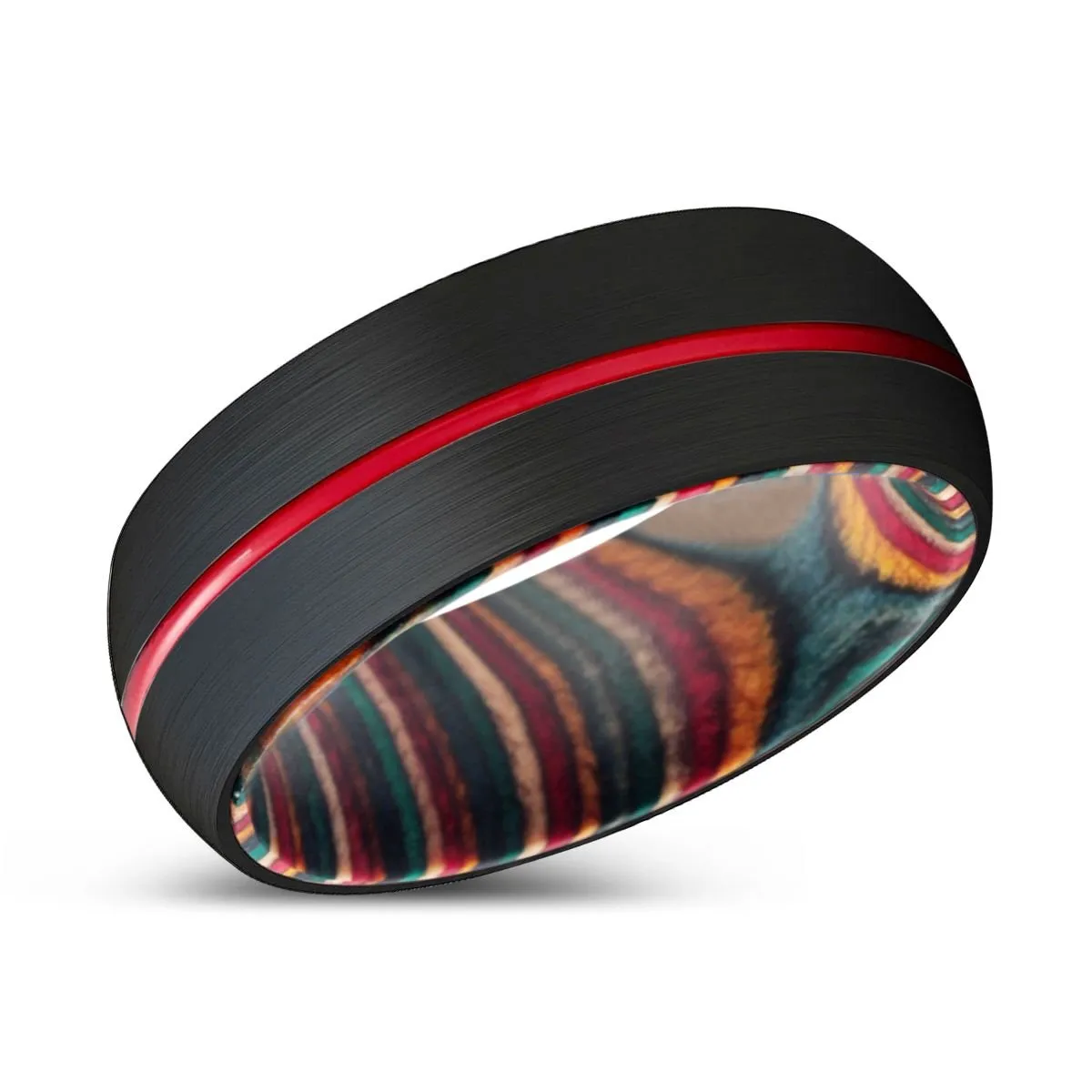 SKITTLE | Multi Color Wood, Black Tungsten Ring, Red Groove, Domed