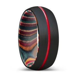 SKITTLE | Multi Color Wood, Black Tungsten Ring, Red Groove, Domed