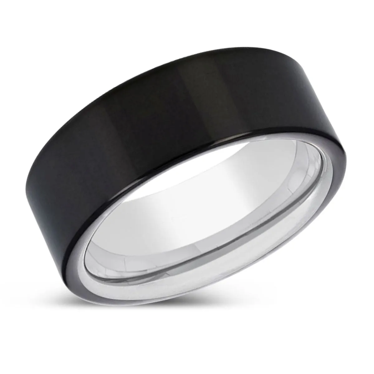 SNOWBUSH | Silver Ring, Black Tungsten Ring, Shiny, Flat