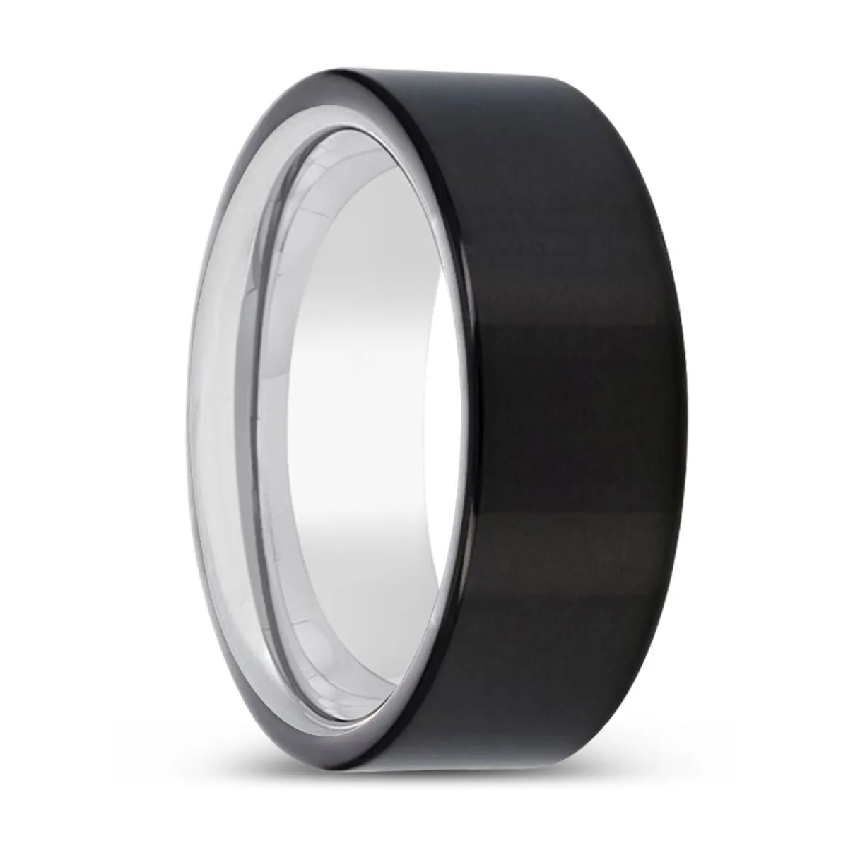 SNOWBUSH | Silver Ring, Black Tungsten Ring, Shiny, Flat