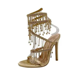 Sparkly Strappy High Heeled Sandals With Tassel