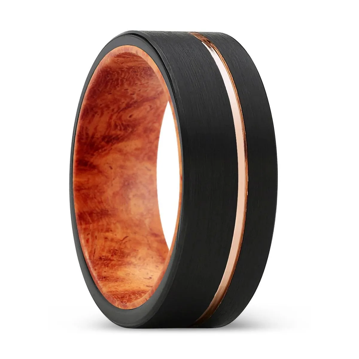 SPIRE | Red Burl Wood, Black Tungsten Ring, Rose Gold Offset Groove, Brushed, Flat