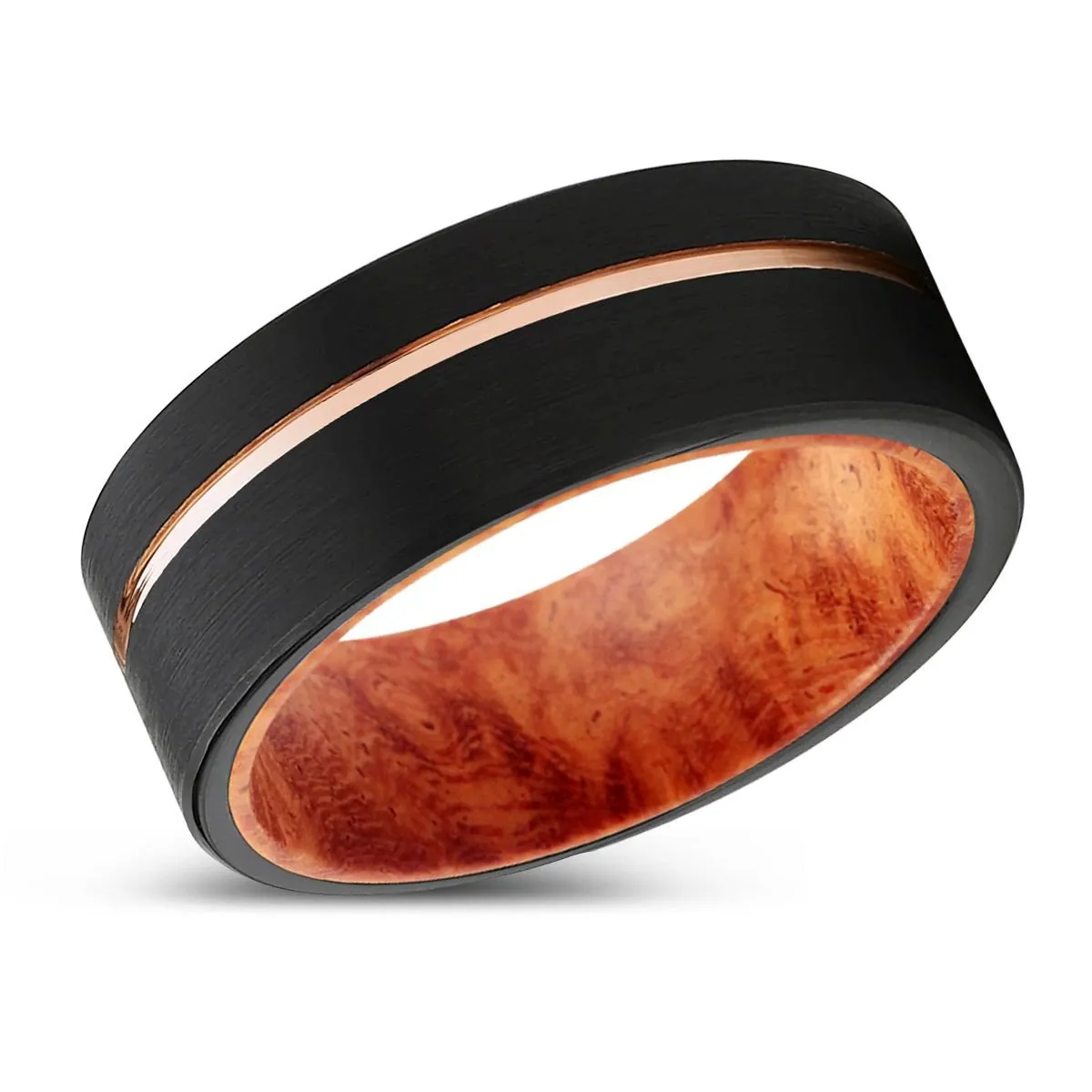 SPIRE | Red Burl Wood, Black Tungsten Ring, Rose Gold Offset Groove, Brushed, Flat