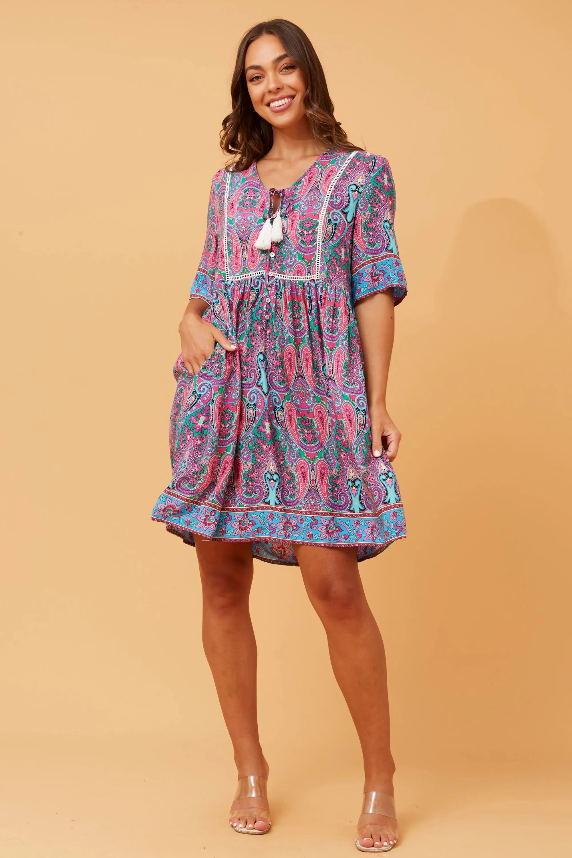 s/s border prnt dress tie neck (d519319)