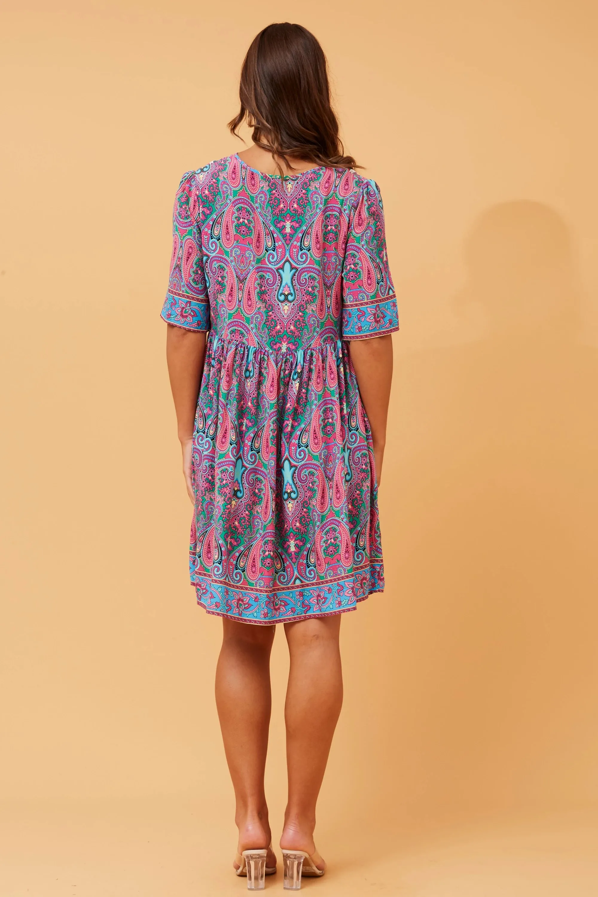 s/s border prnt dress tie neck (d519319)