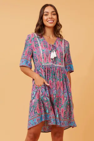 s/s border prnt dress tie neck (d519319)