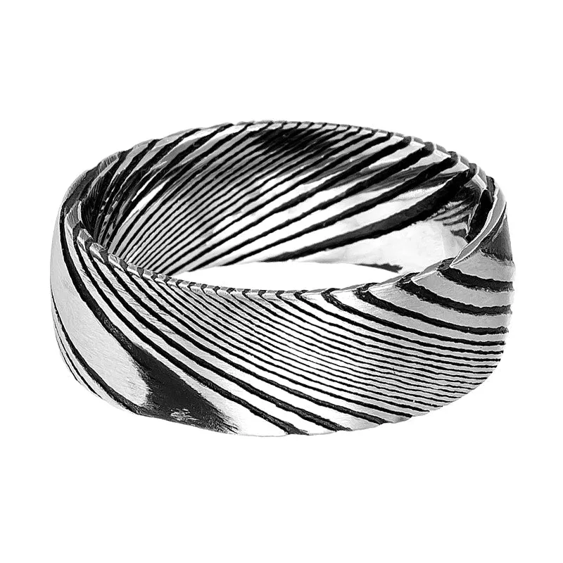 SWIRL | Silver Damascus Steel, Burl Wood Grain Texture, Domed
