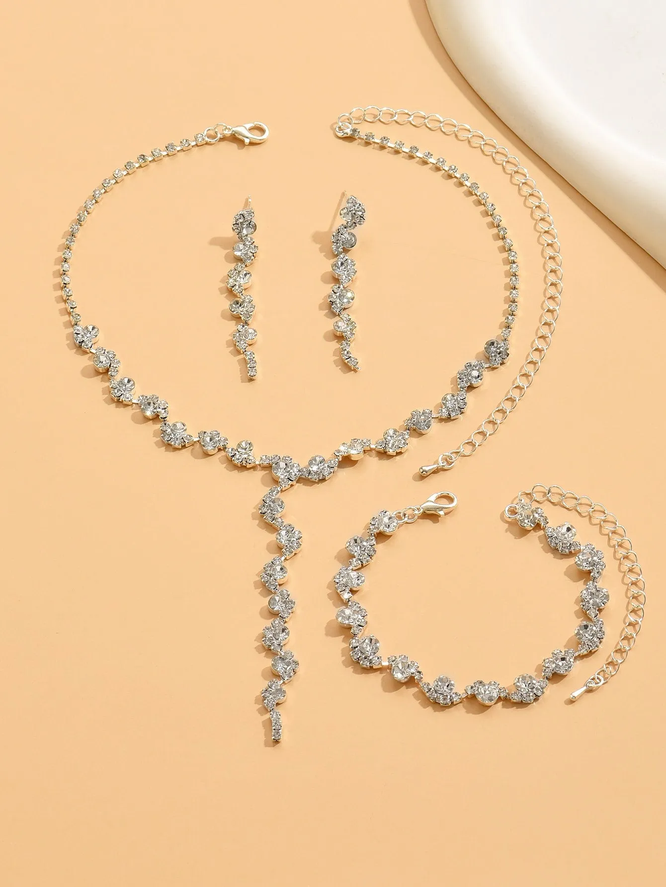 Tassel Rhinestone Necklace & Bracelet Set - Silver