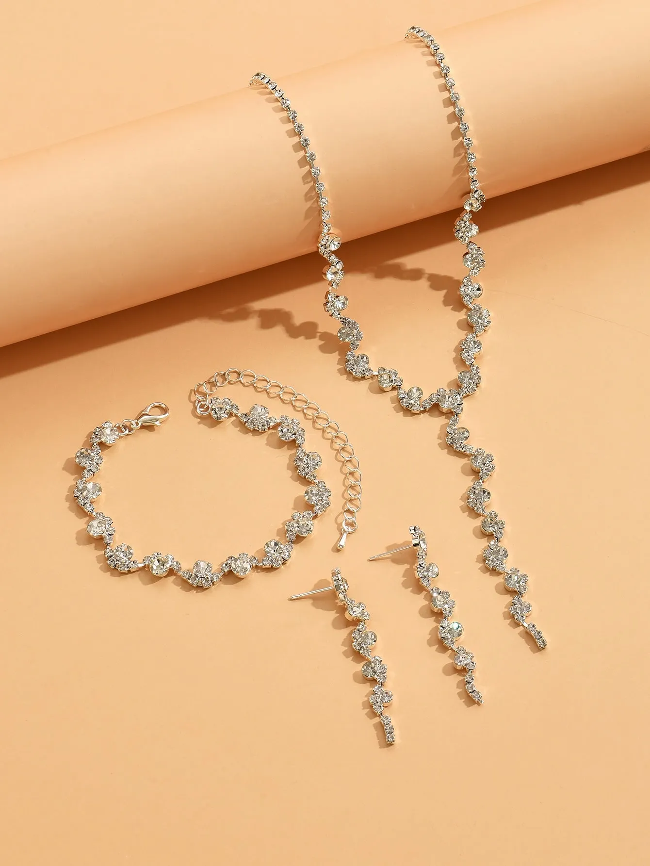 Tassel Rhinestone Necklace & Bracelet Set - Silver