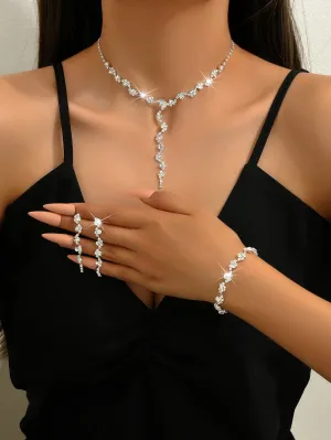 Tassel Rhinestone Necklace & Bracelet Set - Silver