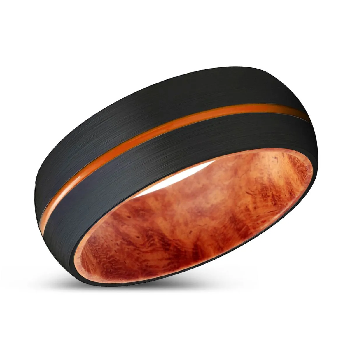 TEMPLEWOOD | Red Burl Wood, Black Tungsten Ring, Orange Groove, Domed