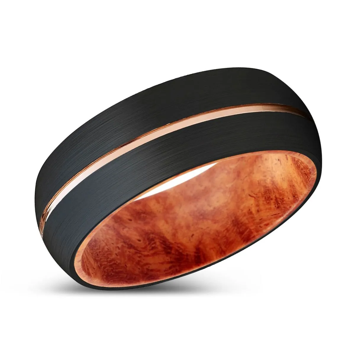 THROK | Red Burl Wood, Black Tungsten Ring, Rose Gold Groove, Domed
