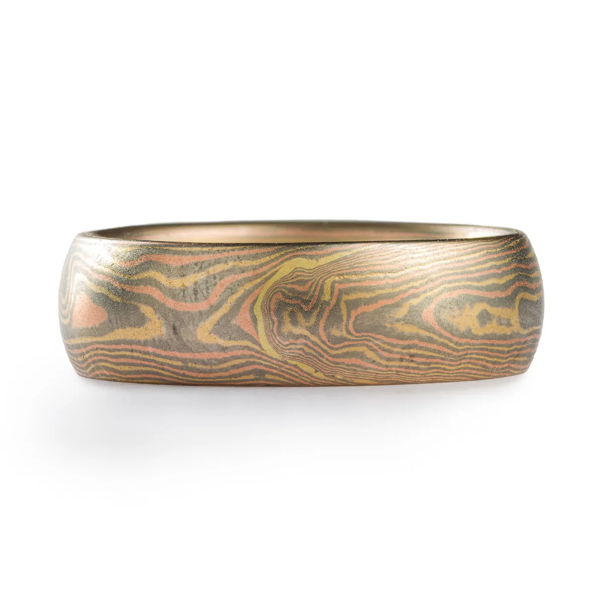 Tri Gold Mokume Gane Ring or Wedding Band in Woodgrain Pattern and Blaze Palette