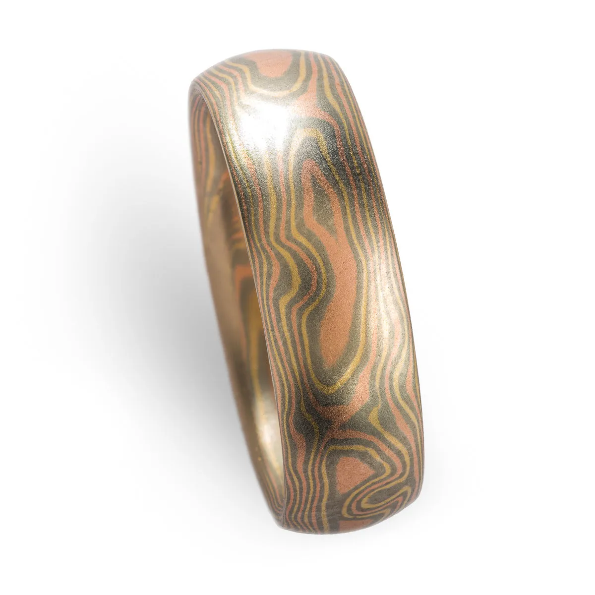 Tri Gold Mokume Gane Ring or Wedding Band in Woodgrain Pattern and Blaze Palette
