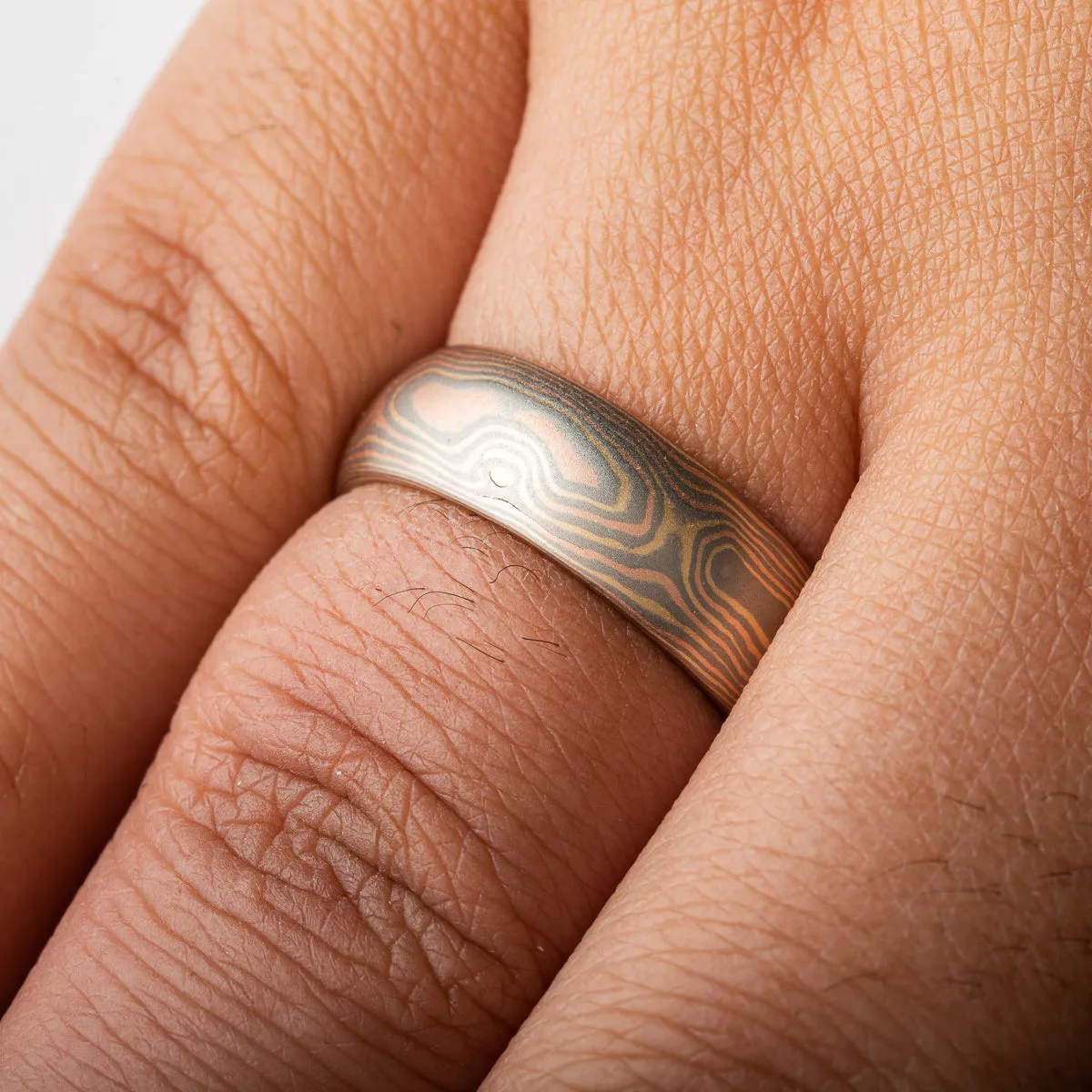 Tri Gold Mokume Gane Ring or Wedding Band in Woodgrain Pattern and Blaze Palette