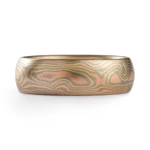 Tri Gold Mokume Gane Ring or Wedding Band in Woodgrain Pattern and Blaze Palette