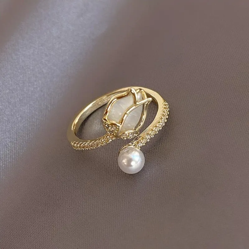 Tulip Flower Pearl Ring For Women Wedding Jewelry Gift