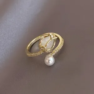 Tulip Flower Pearl Ring For Women Wedding Jewelry Gift