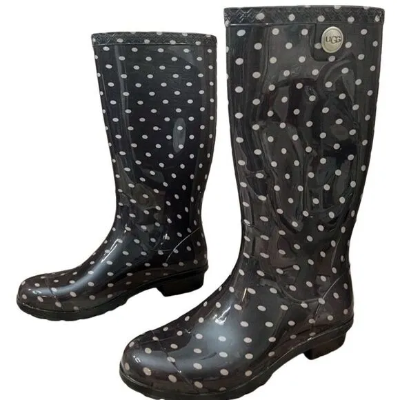 UGG Australia Shaye Charcoal Polka Dot Tall Rubber Rain Boot sz 6