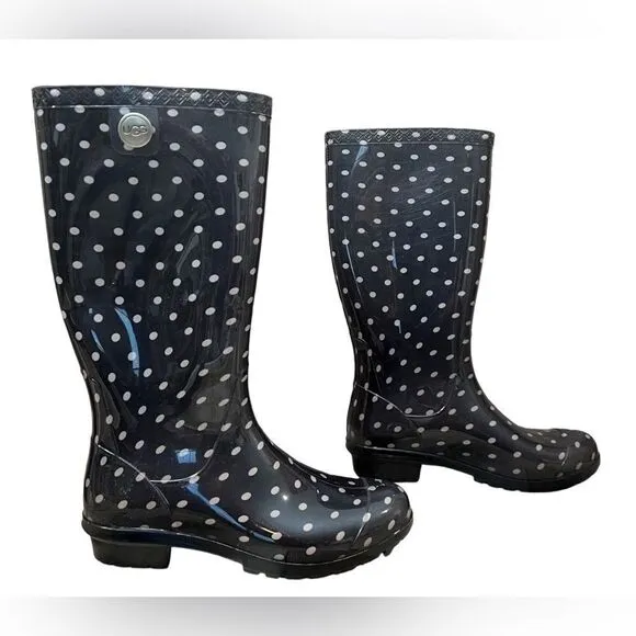 UGG Australia Shaye Charcoal Polka Dot Tall Rubber Rain Boot sz 6