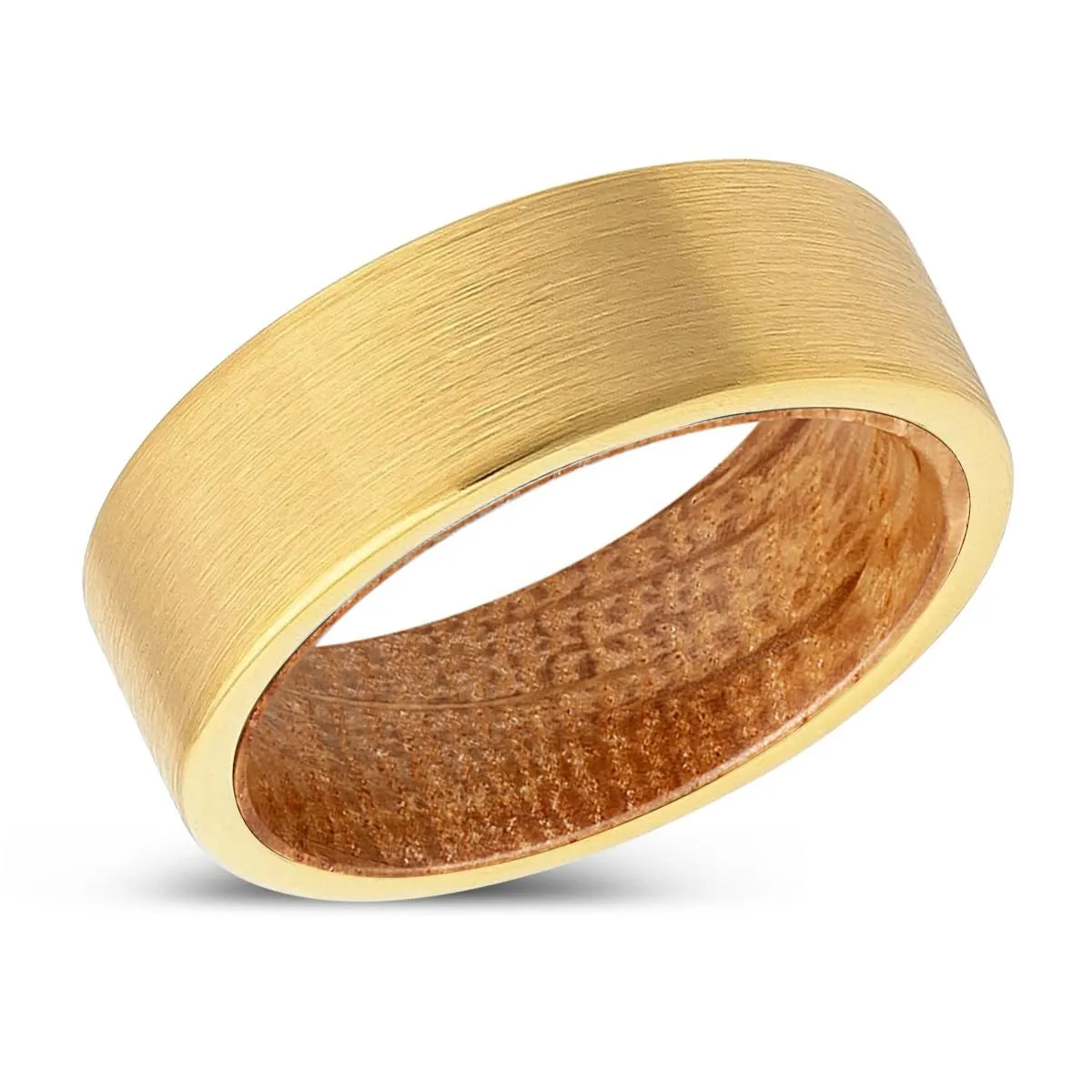 URBEN | Whiskey Barrel Wood, Gold Tungsten Ring, Brushed, Flat