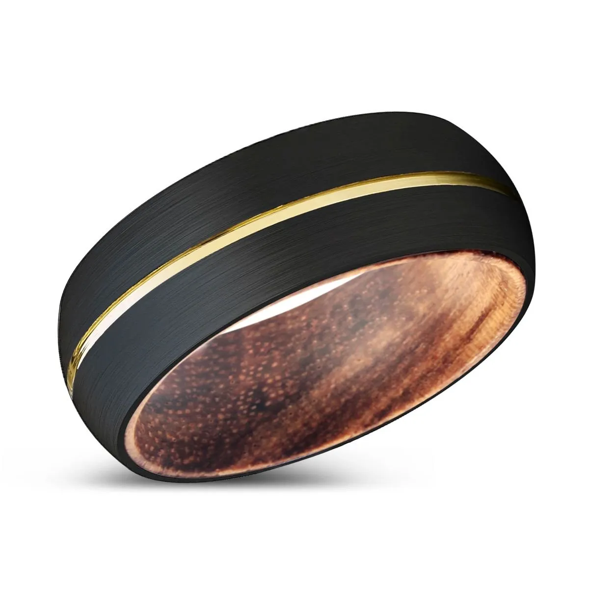 VERNON | Zebra Wood, Black Tungsten Ring, Gold Groove, Domed