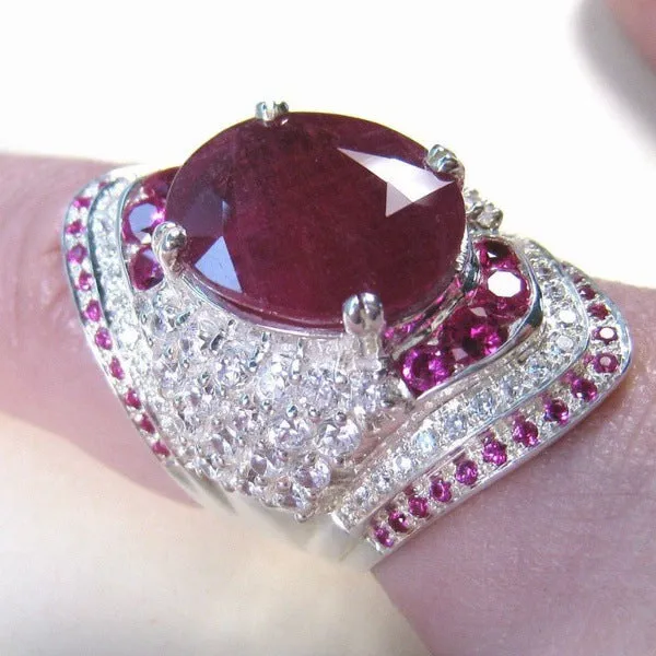 Vintage Big Ruby Ring Silver Wedding Jewelry For Women