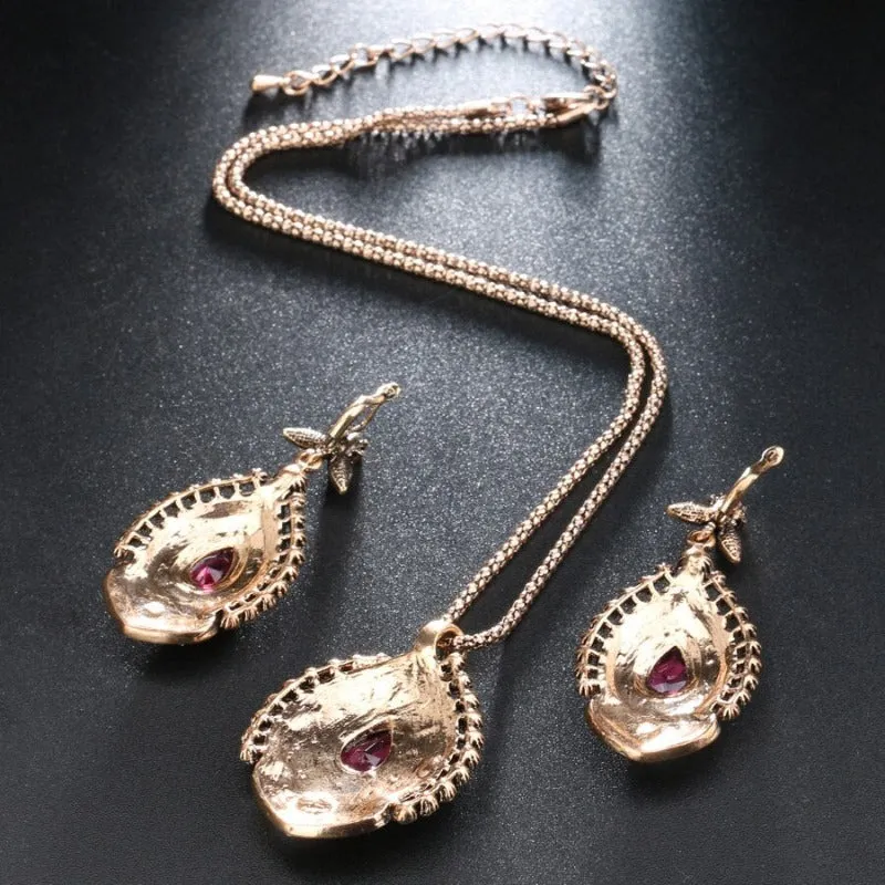 Vintage Pink Zircon Jewelry Set Gold Women Wedding Jewelry