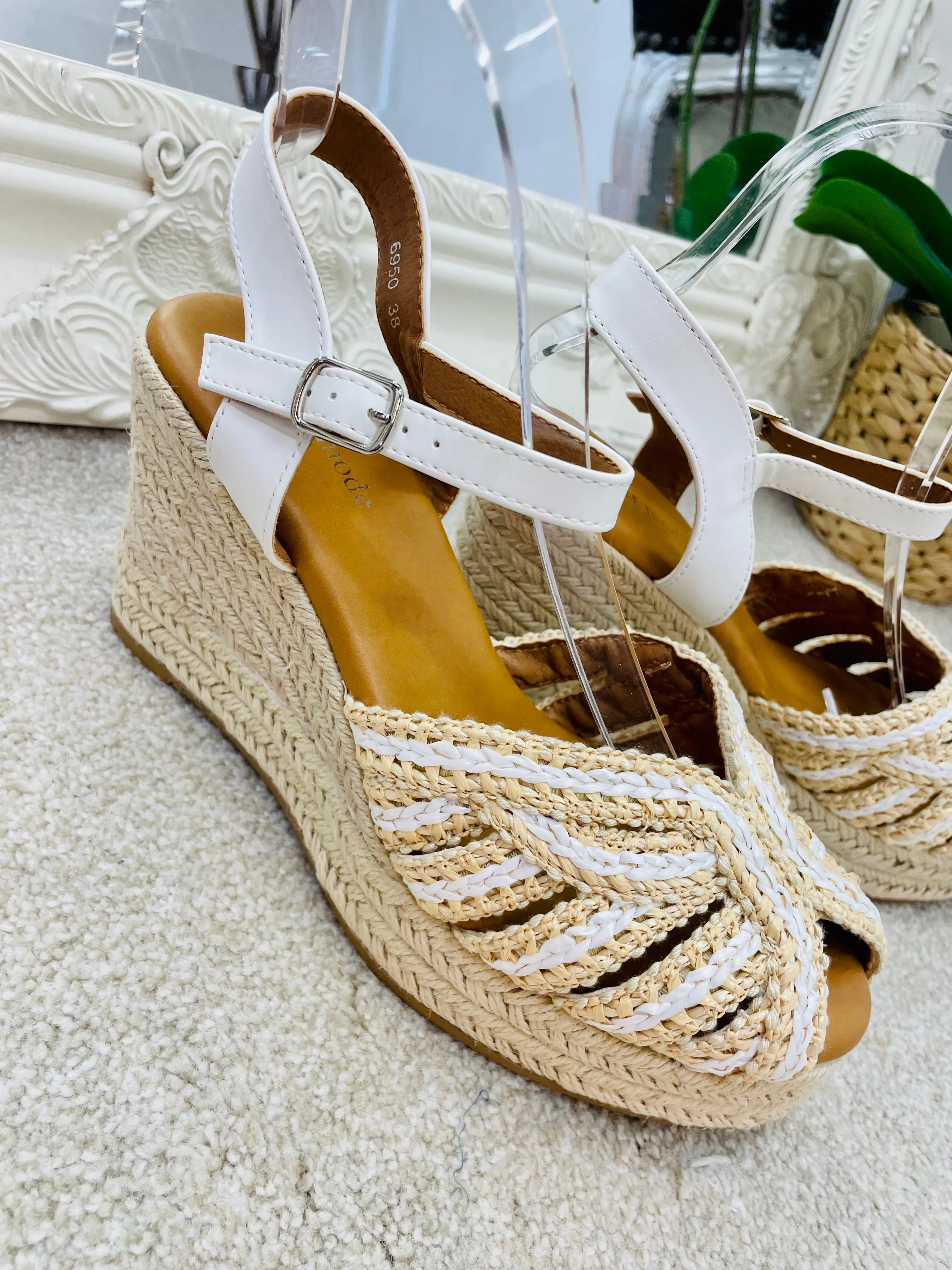 WHITE & BEIGE WEDGE HEEL SANDALS ( 6950 ) sizes 3 to 8