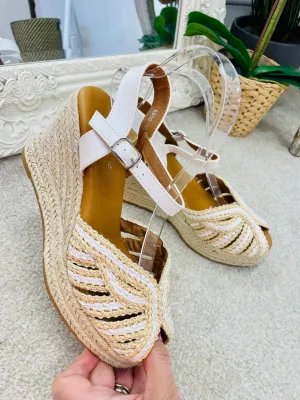 WHITE & BEIGE WEDGE HEEL SANDALS ( 6950 ) sizes 3 to 8