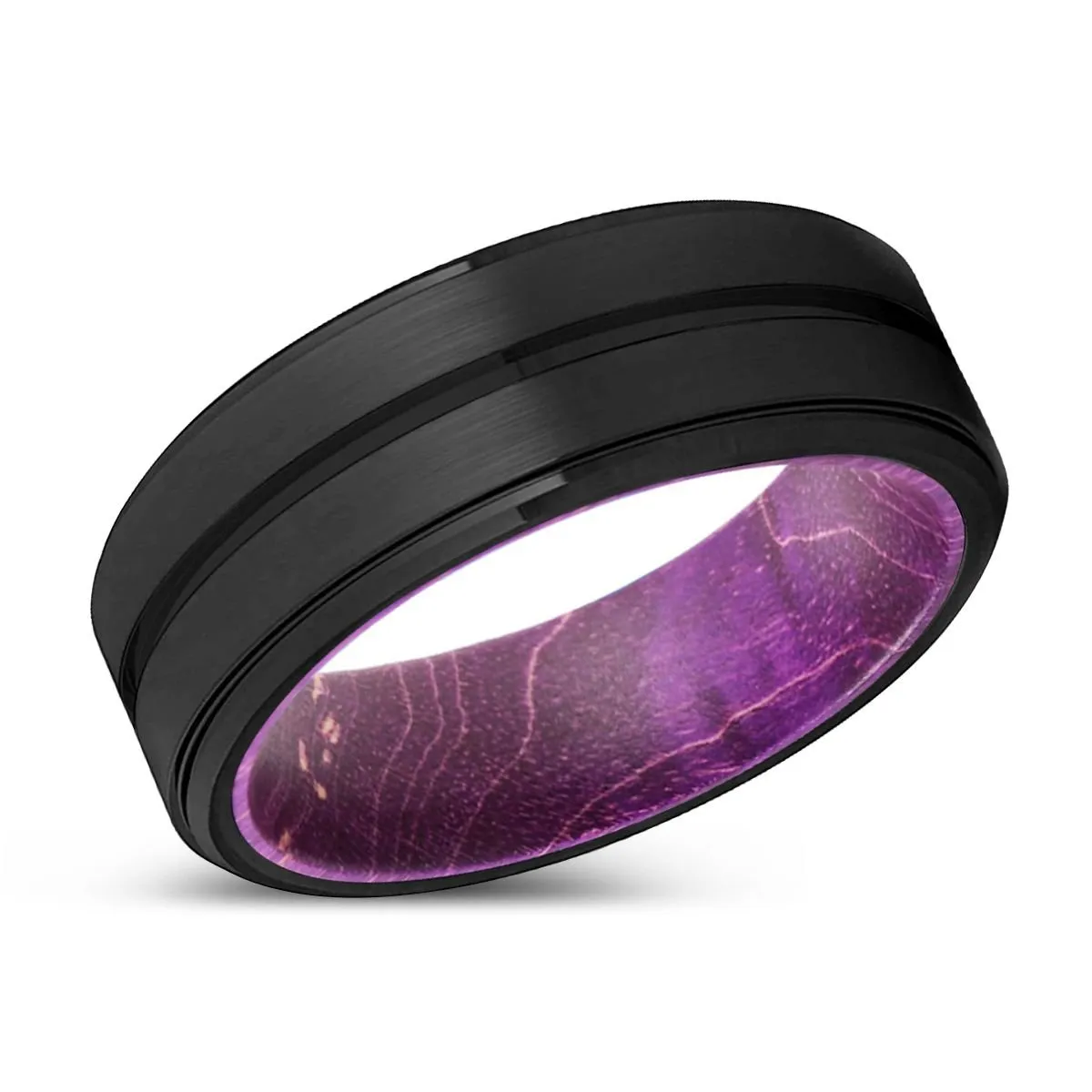WILDE | Purple Wood, Black Tungsten Ring, Grooved, Stepped Edge