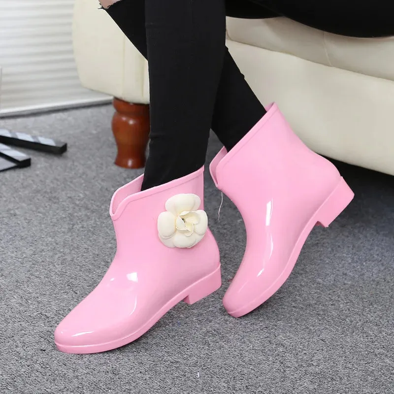 Women Flower Bowtie Ankle Boot Winter Rain Boots Female Waterproof Solid Rubber Platform Rain Shoes Ladies Footwear YYJ103