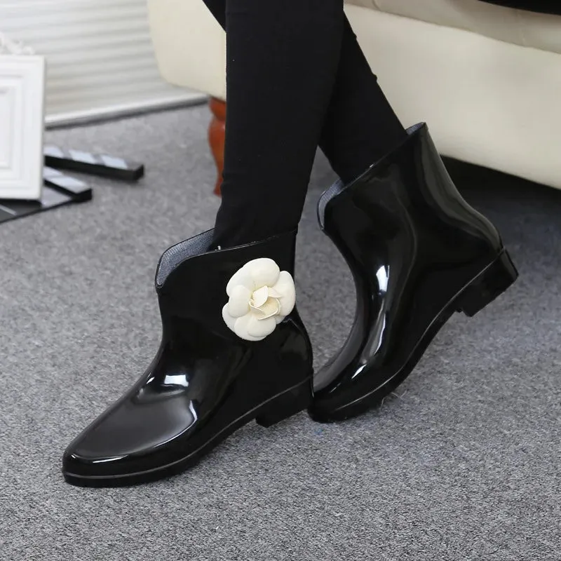 Women Flower Bowtie Ankle Boot Winter Rain Boots Female Waterproof Solid Rubber Platform Rain Shoes Ladies Footwear YYJ103