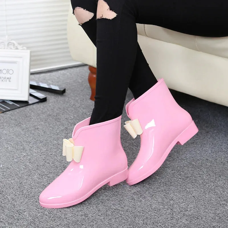 Women Flower Bowtie Ankle Boot Winter Rain Boots Female Waterproof Solid Rubber Platform Rain Shoes Ladies Footwear YYJ103