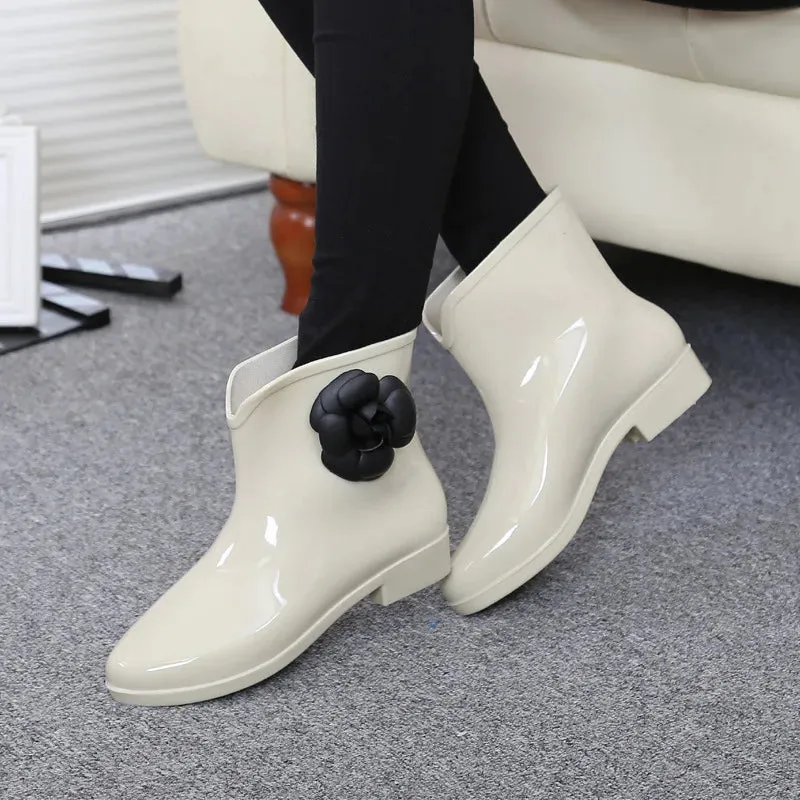 Women Flower Bowtie Ankle Boot Winter Rain Boots Female Waterproof Solid Rubber Platform Rain Shoes Ladies Footwear YYJ103