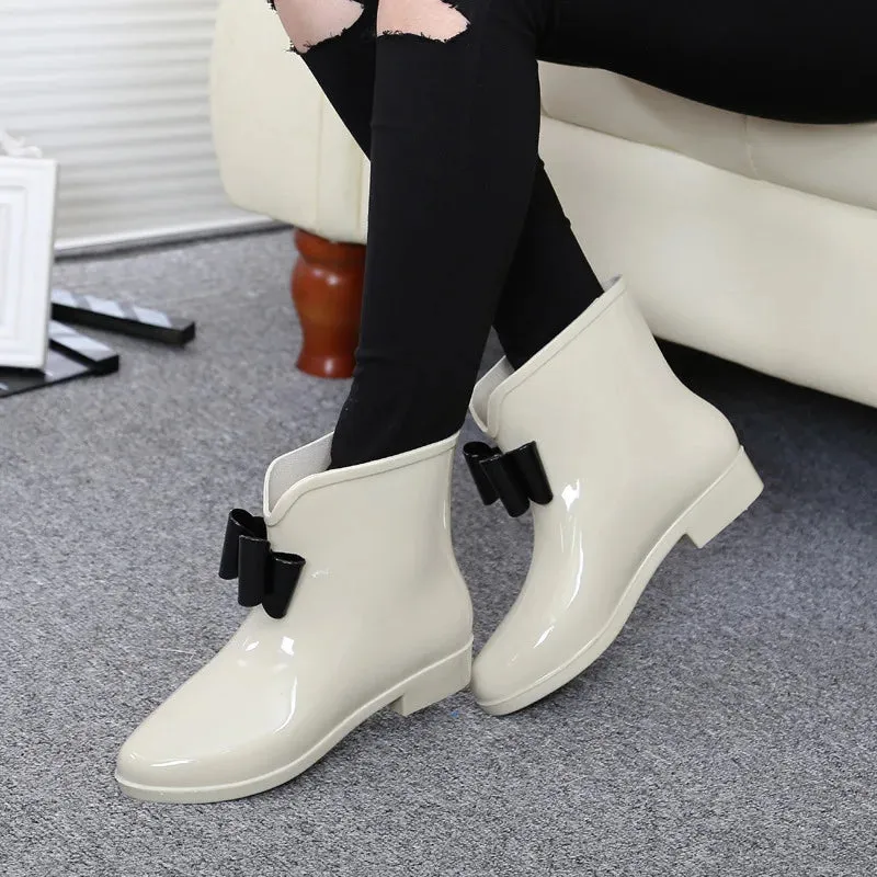 Women Flower Bowtie Ankle Boot Winter Rain Boots Female Waterproof Solid Rubber Platform Rain Shoes Ladies Footwear YYJ103