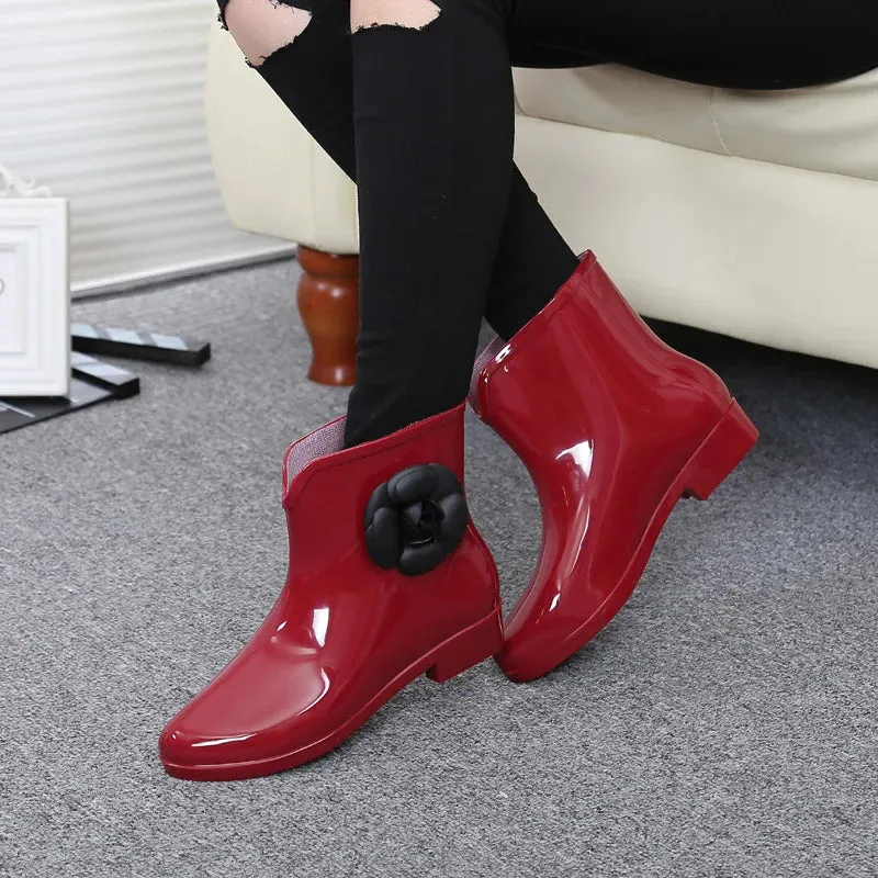 Women Flower Bowtie Ankle Boot Winter Rain Boots Female Waterproof Solid Rubber Platform Rain Shoes Ladies Footwear YYJ103