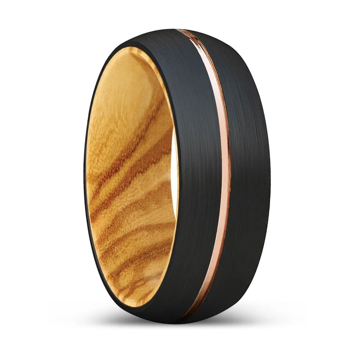 WOODS | Olive Wood, Black Tungsten Ring, Rose Gold Groove, Domed